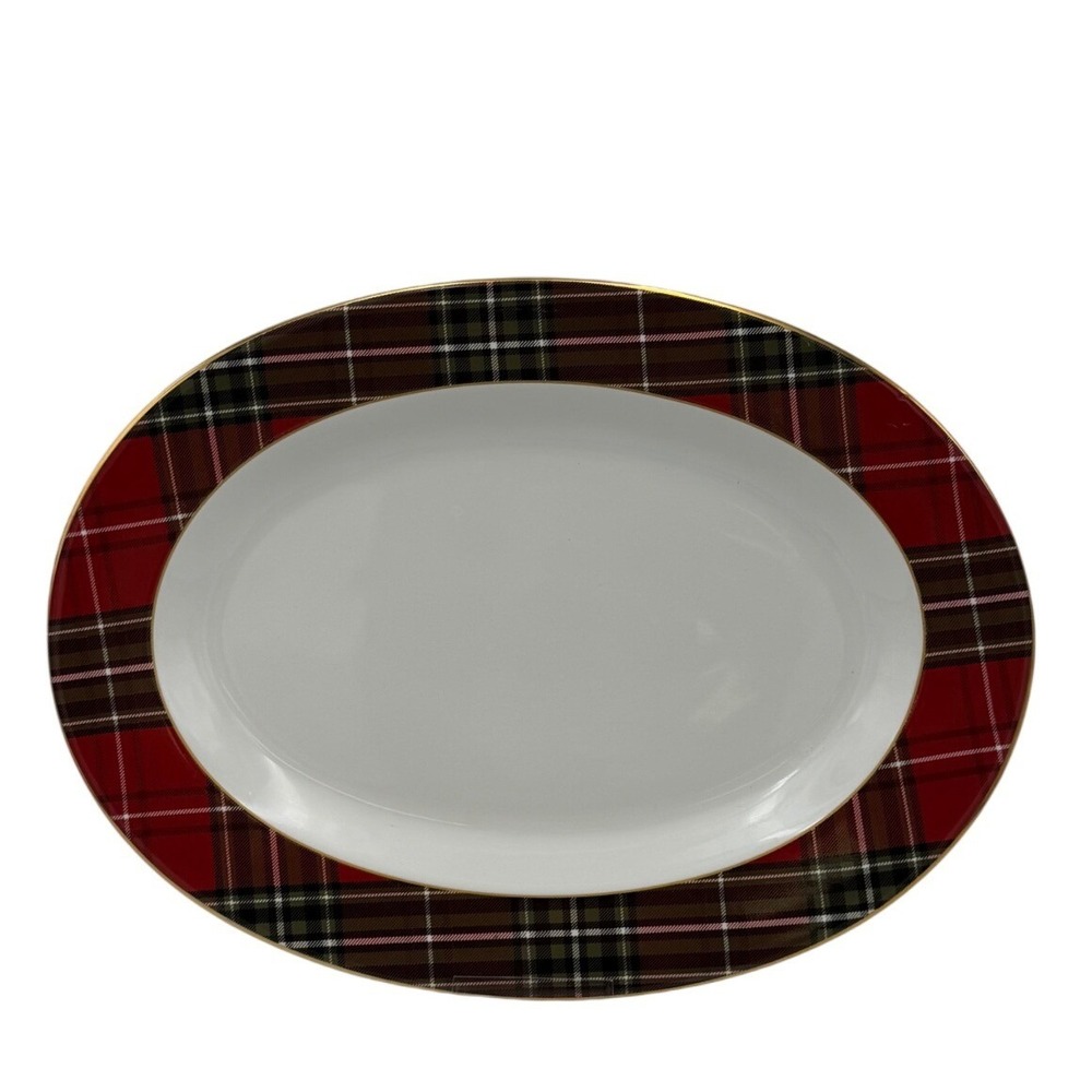 222 Fifth Wexford Tartan Red Plaid Large Oval Christmas Holiday Platter 14x10